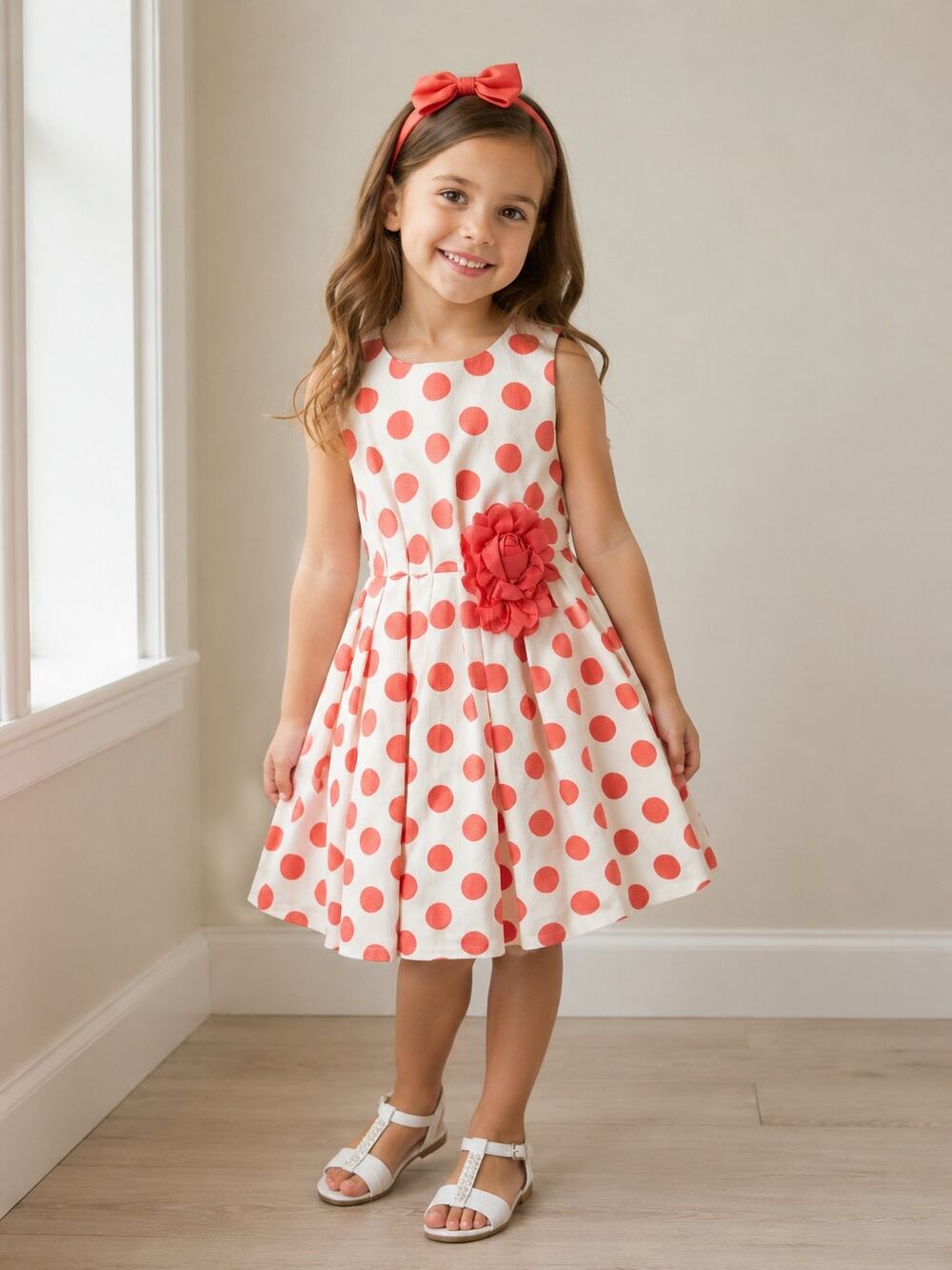 Pippa & Julie Girls Cream & Pink Polka Dot Dress with Floral Accent Size 6X NWOT